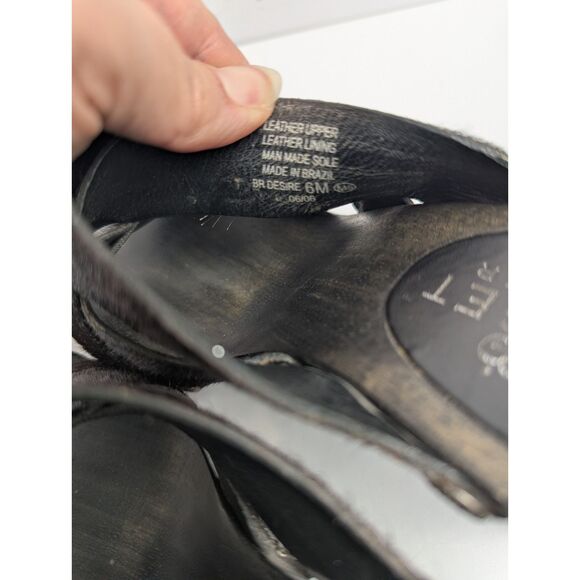 Vintage Y2K Bridget Shuster Brown calf Hair Leather Wood Platform Heel Womens 6 - Picture 7 of 9